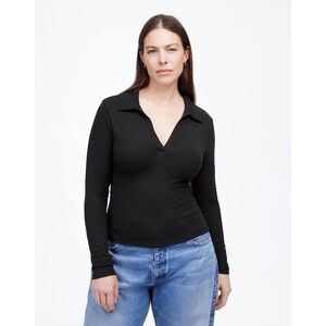 NEW Madewell Drapey Rib Long-Sleeve Polo Top V-Neck Long‎ Sleeve Jet Black XXS